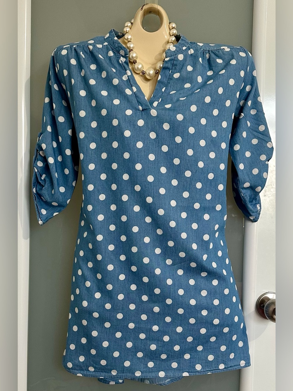 Polka Dot V-Neck Blue Women's Top